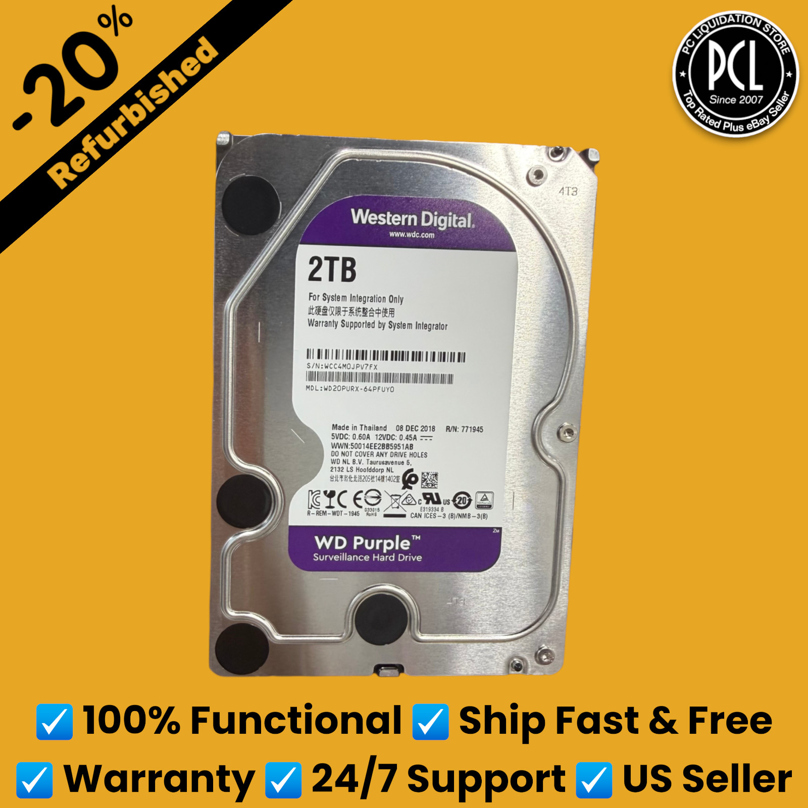 ✅Western Digital WD Purple 2TB 3.5" HDD Hard Drive for DVR NVR WD20PURX-64PFUY0✅