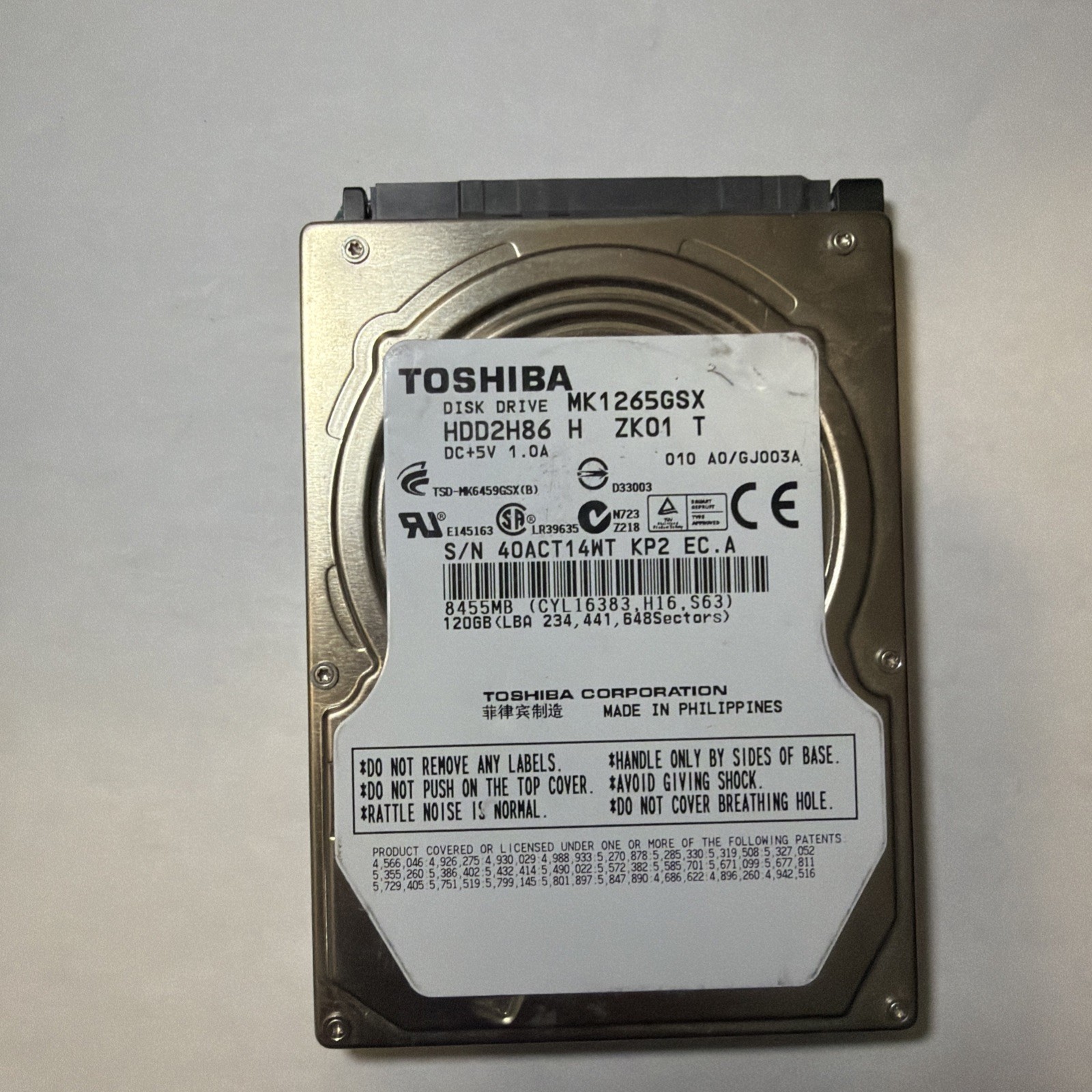 120 GB 2.5" SATA Toshiba MK1265GSX H 40ACT14WT | TESTED | GRADE A