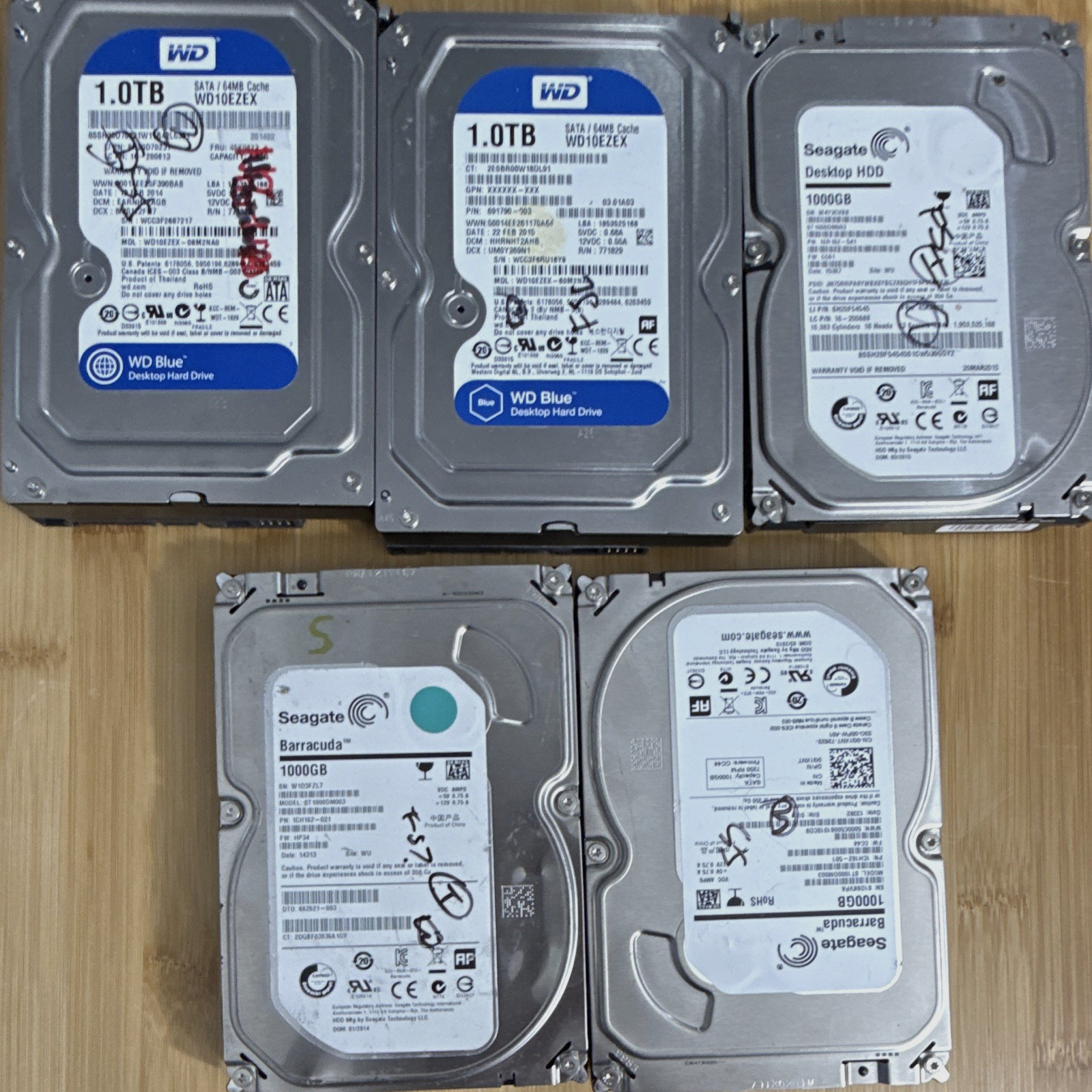 Lot of 5 1TB 3.5" SATA Drives - Used, Wiped