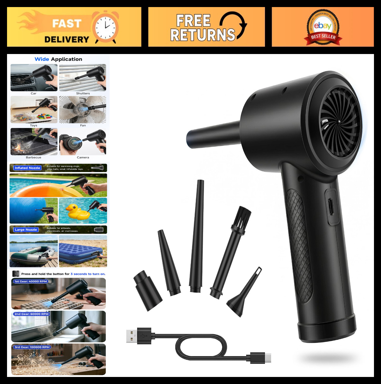 High-Powered Cordless Air Duster 100000RPM, Rechargeable Blower for PC & Keyboar