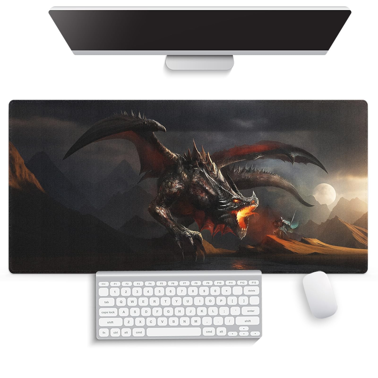 Large Gaming Mouse Pad (31.5" x 15.8") - Fantasy Scene Knight Fighting Dragon...