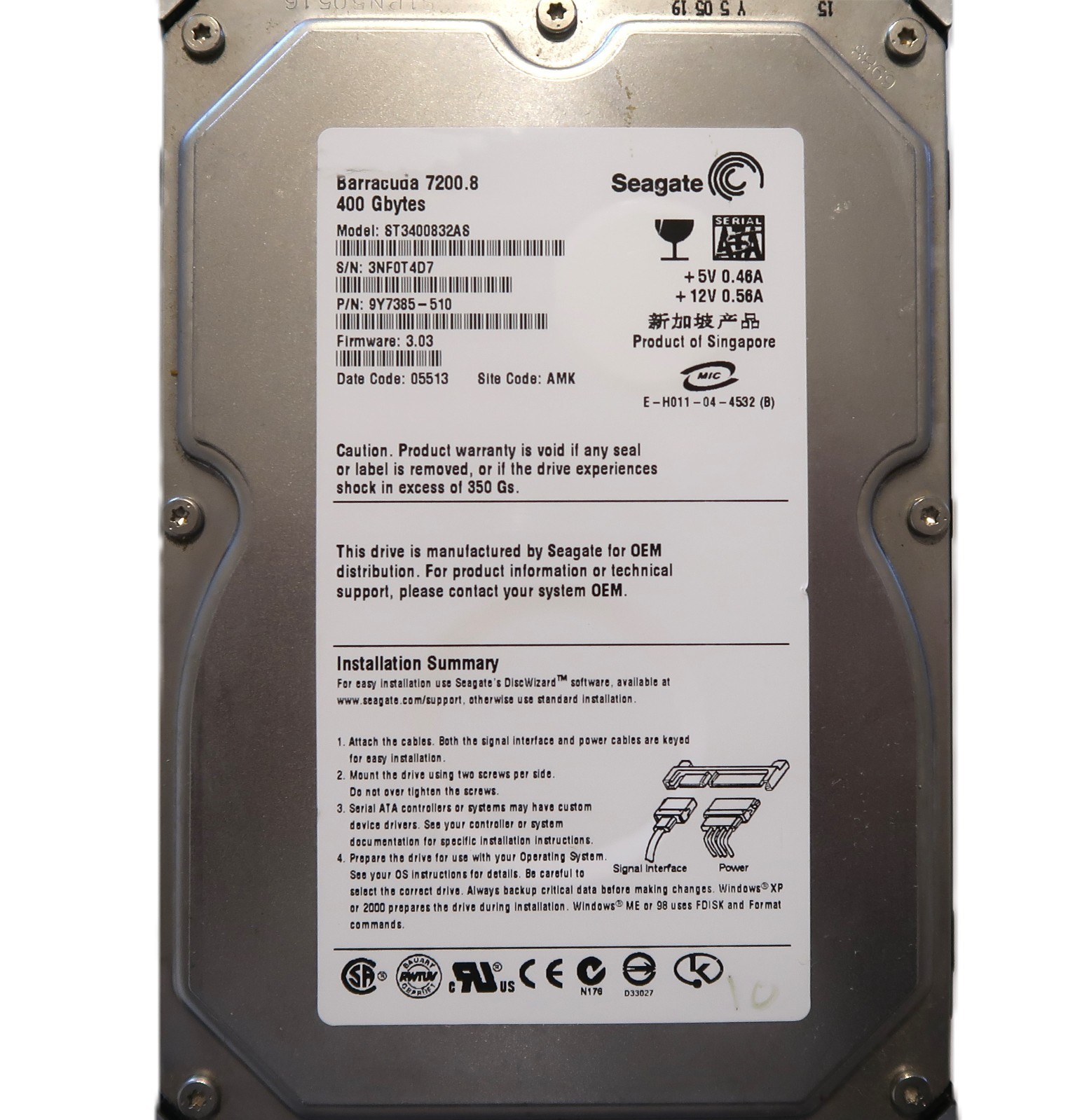 Seagate ST3400832AS 9Y7385-510 3.03 (3NF) AMK Singapore 3.5" 400gb Sata JUN/2005