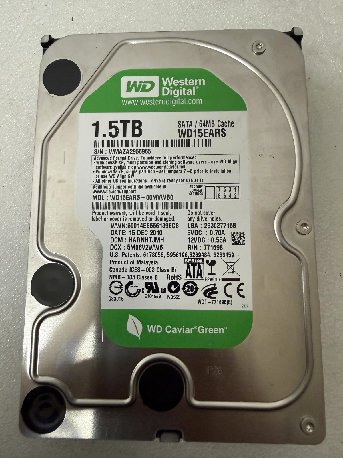 Western Digital WD Caviar Green 1.5TB SATA 64MB 3.5" WD15EARS WD15EARS-00MVWB0