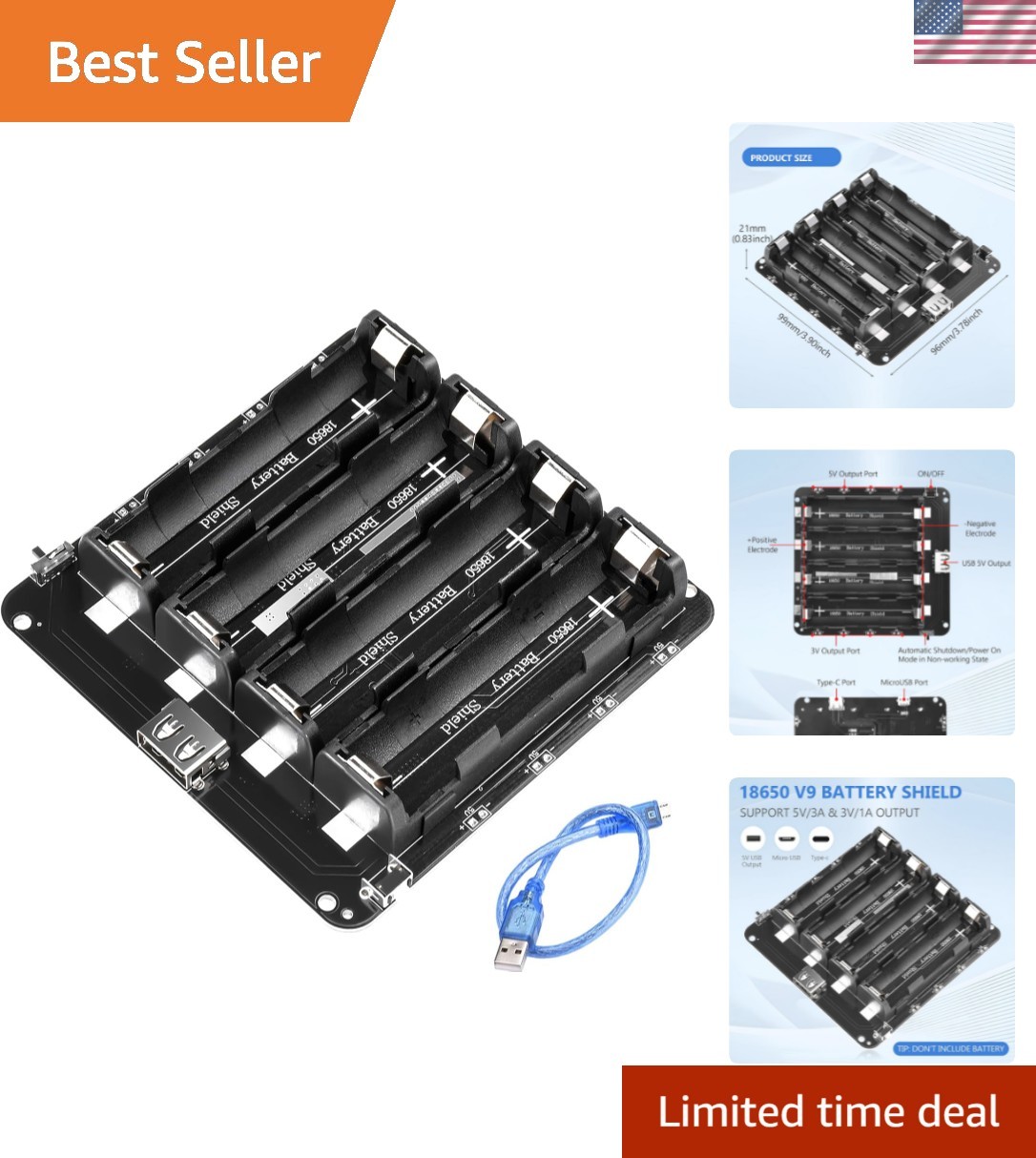 18650 Battery Holder Li-ion Battery with 4-Compartment Support Micro USB 5V/3...