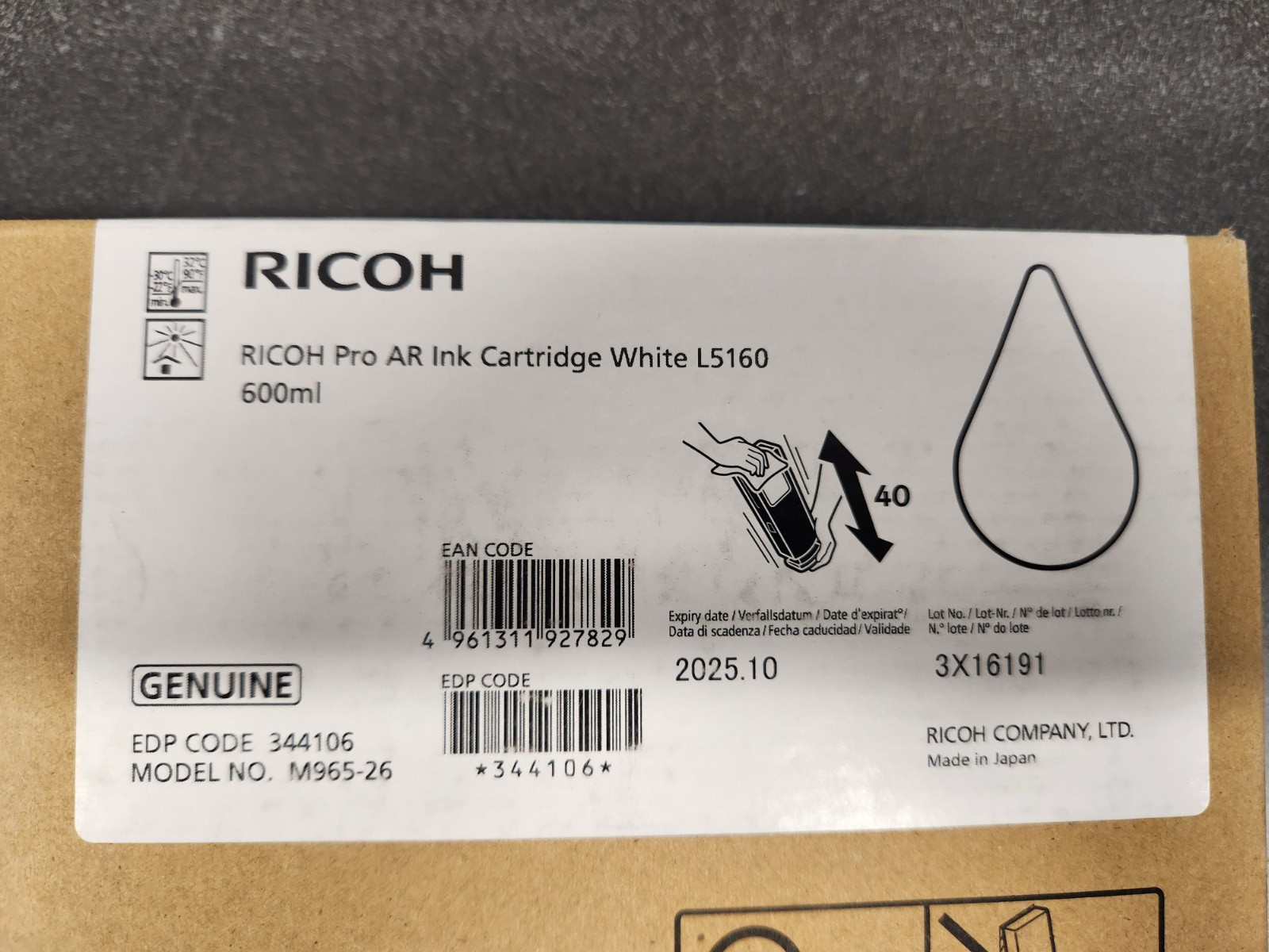 Genuine Ricoh L5160 Pro AR Ink Cartridge White 600ml M965-26