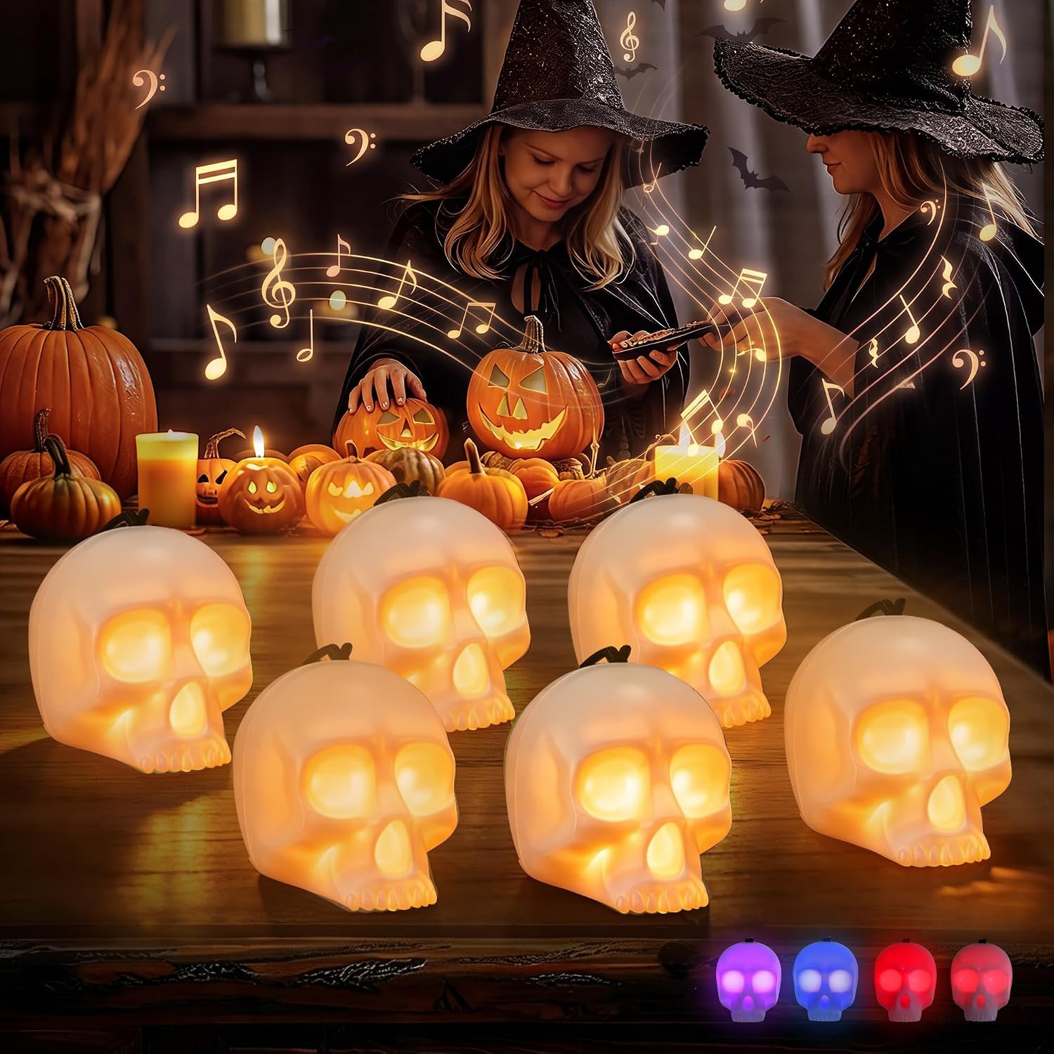 Everbrite 6-Pack Halloween Skull Light with Music, 5-Mode Skull Lamp