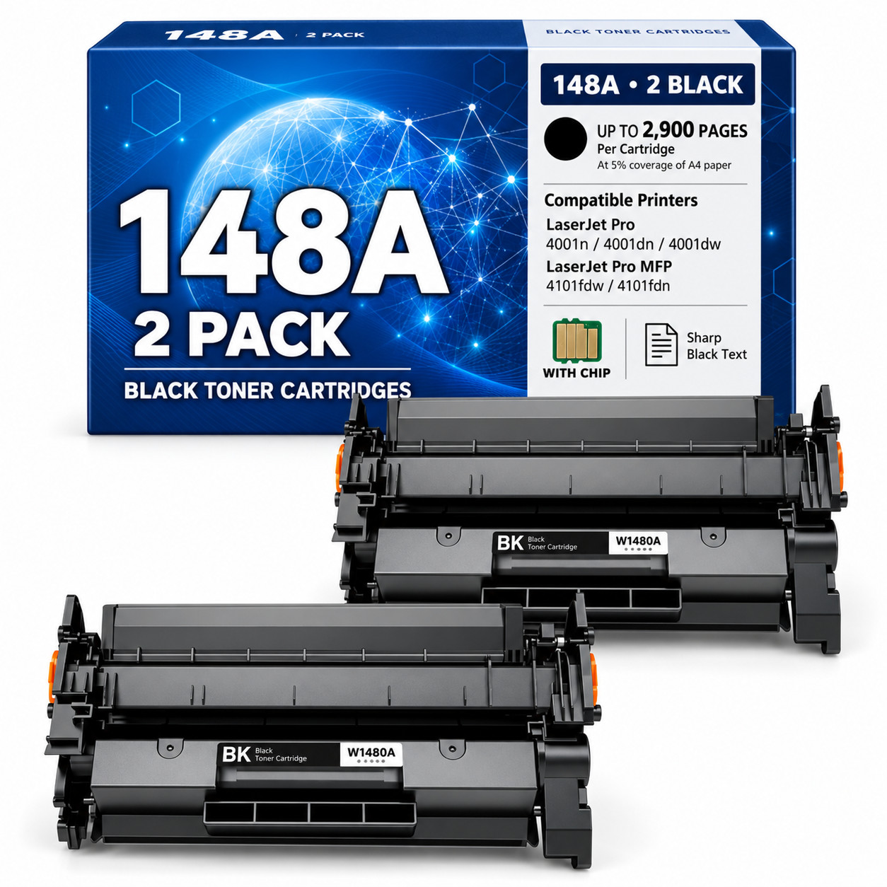 148A 2PK Toner Cartridge with Chip for 148A LaserJet Pro4001n 4001dn MFP 4101fdn