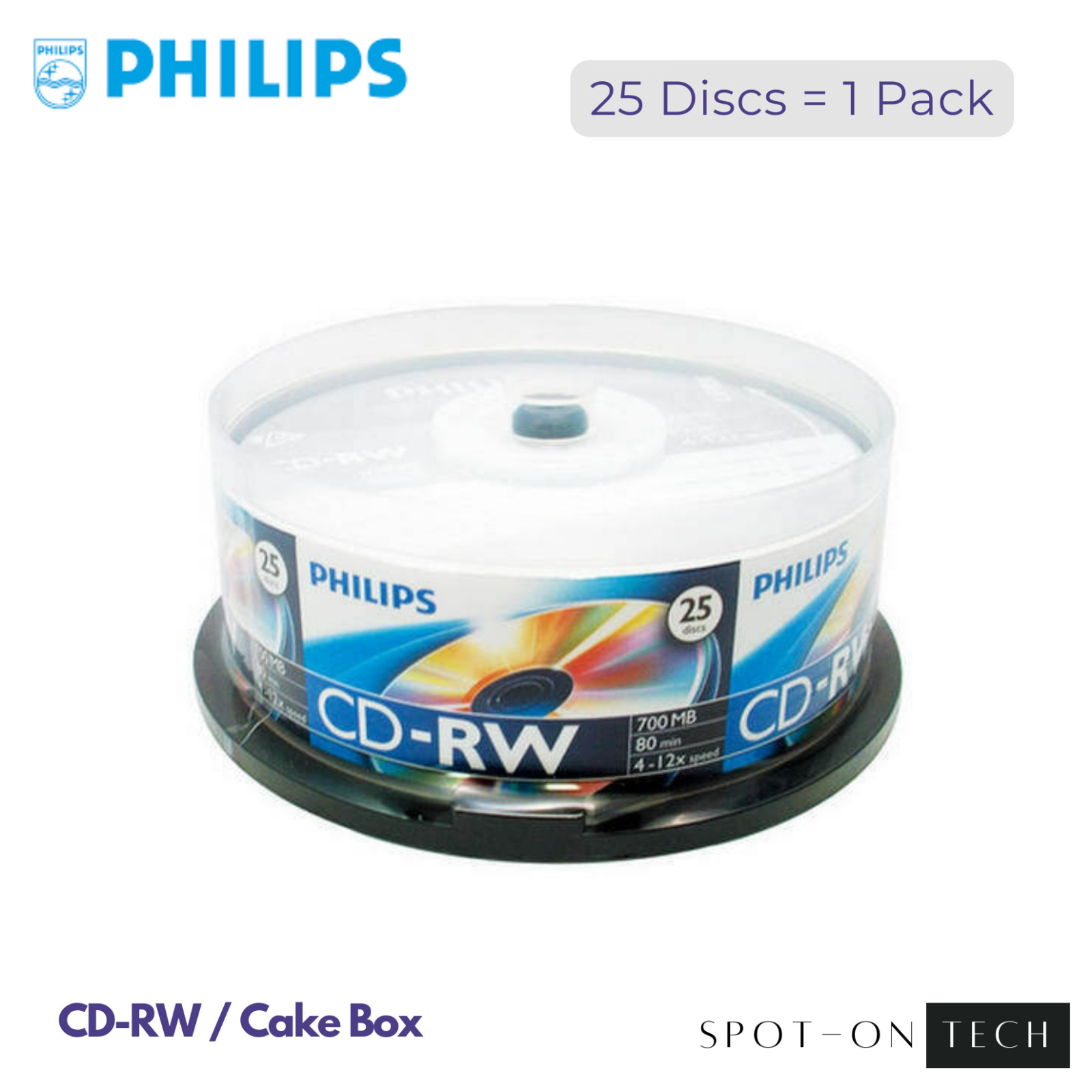 25-PK Philips Logo 12X CD-RW CDRW ReWritable Blank Disc 700MB Spindle Cake Box
