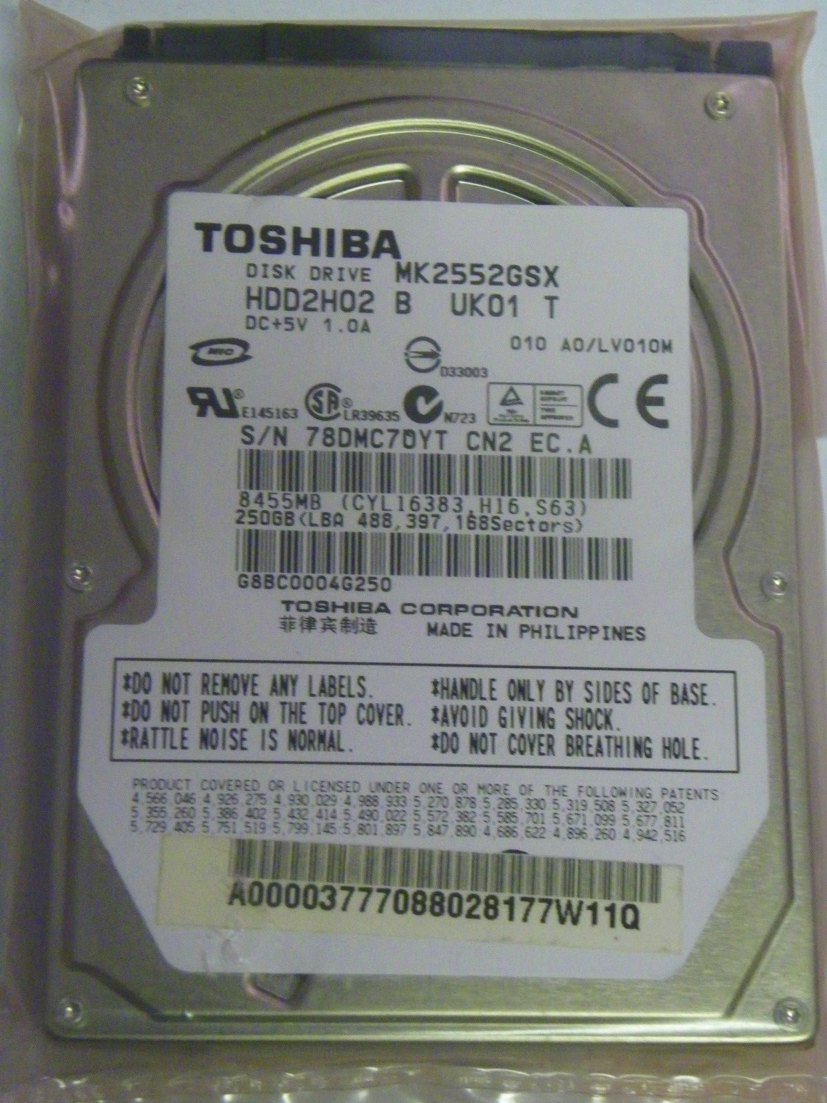 Toshiba MK2552GSX (HDD2H02 B UK01 T) 010 A0/LV010M Laptop 250GB 2.5" SATA HDD