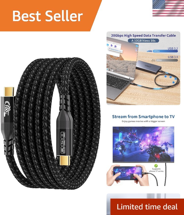 10FT Long USB C to USB C Cable Compatible with Thunderbolt 4/3, USB 3.2 Gen 2...