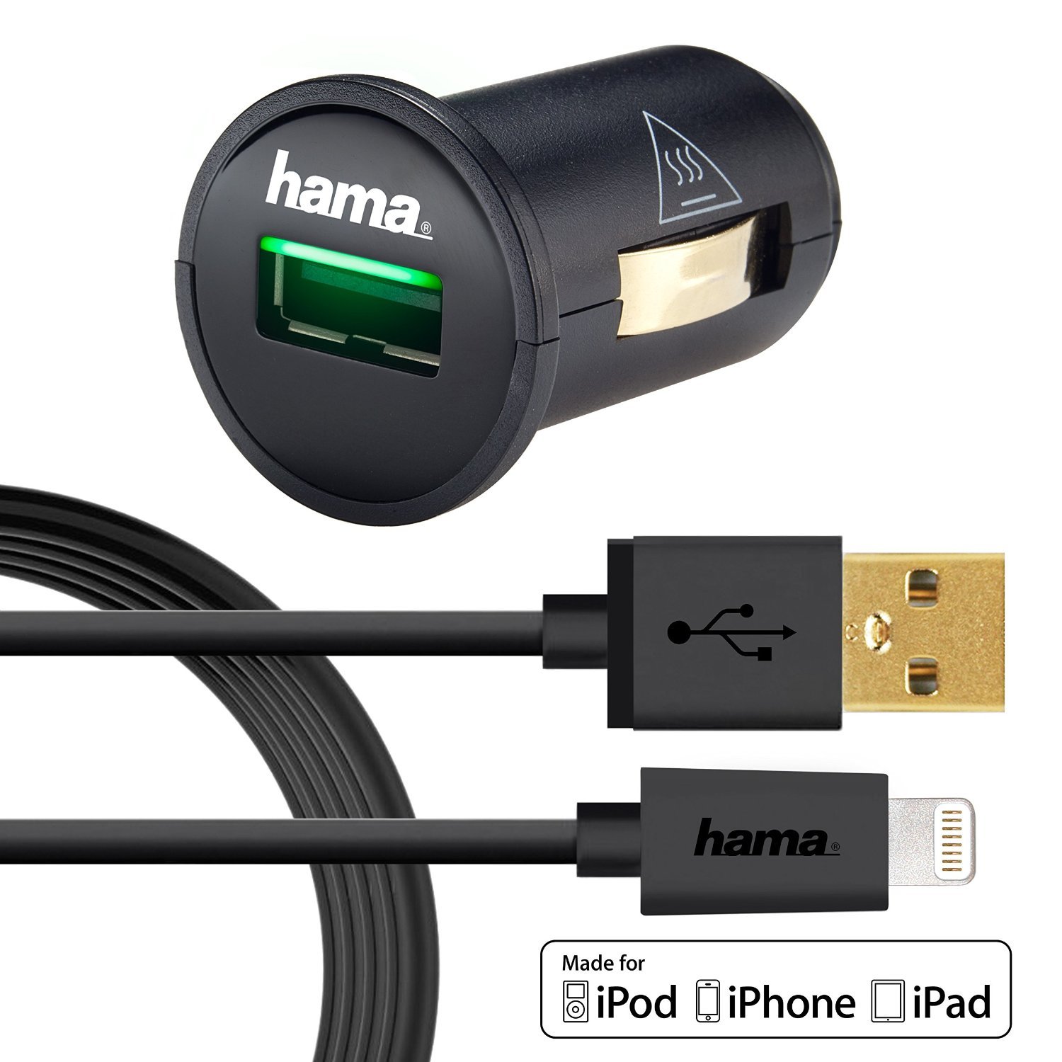 hama MicroCube Car Charger 12Watt/2.4 Amp + USB Lightning Connector U6108995