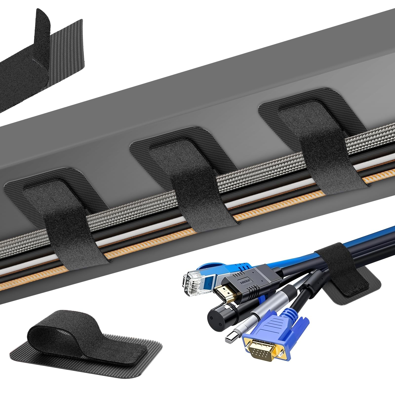 Cable Management Under Desk, Enhanced up to 15 Cord Organizer 20 Pair, Black