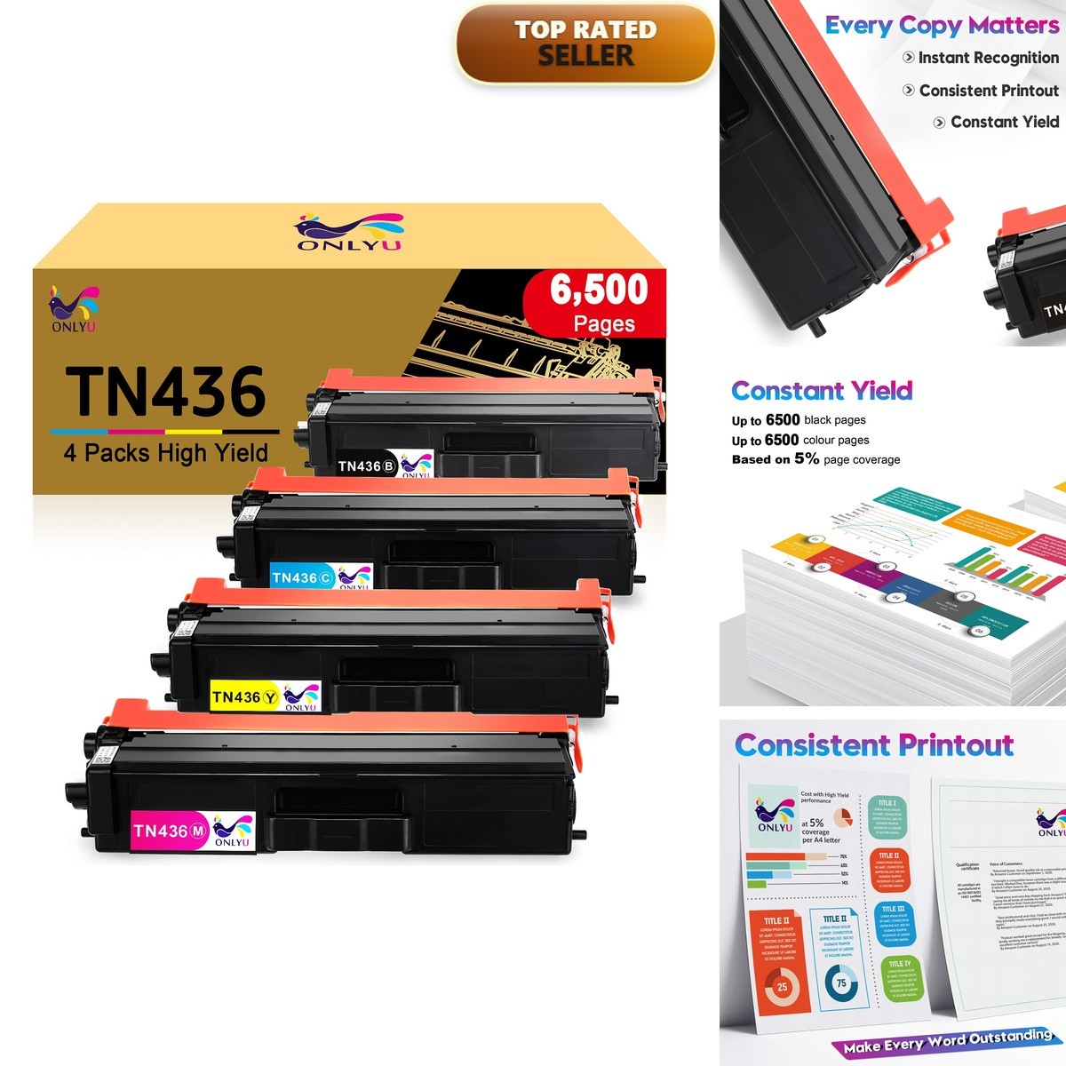 ONLYU TN436 Toner Cartridge 4-Pack for Brother HL-L8360CDW MFC-L8900CDW