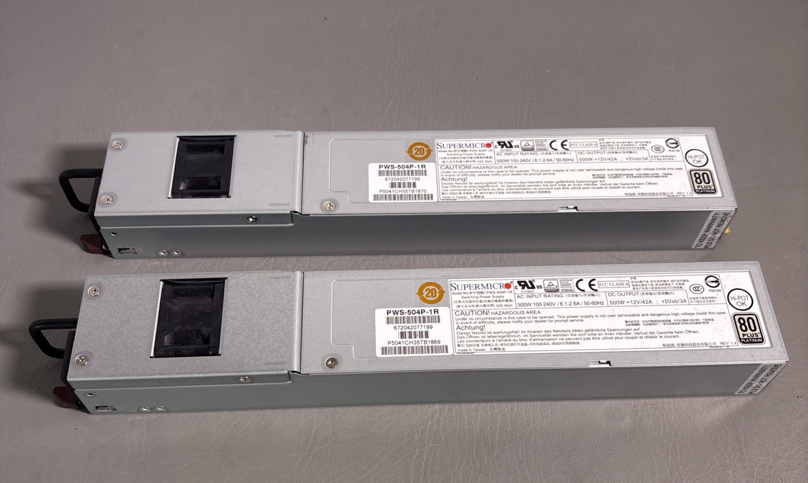LOT OF 2x SUPERMICRO PWS-504P-1R 500W Switching Power Supply / 80 PLUS PLATINUM
