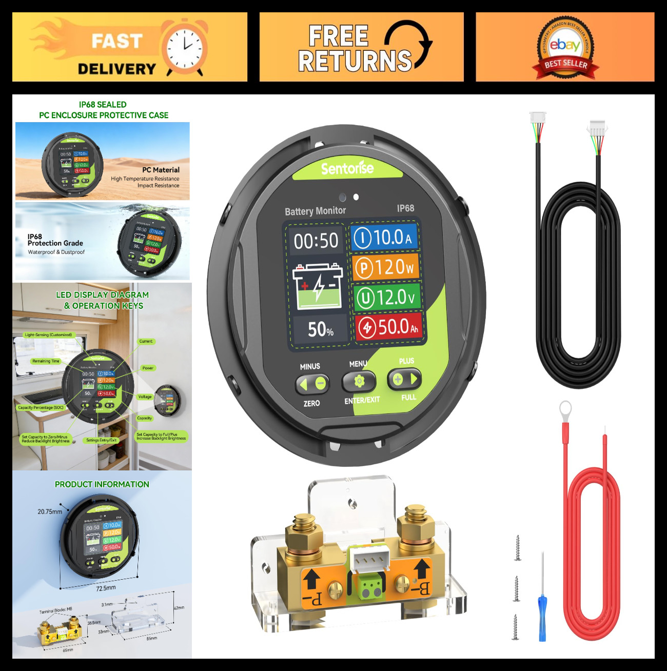 500A Battery Monitor with Shunt, 8-120V Waterproof LCD, Buzzer Alarm for RV Sola