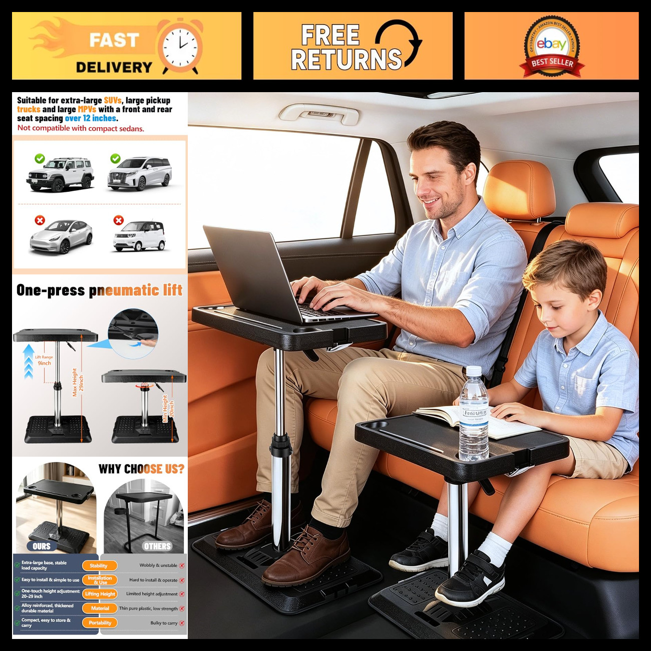 Portable Car Desk for Laptop - Adjustable Seat Table Tray for RV & MPV Use