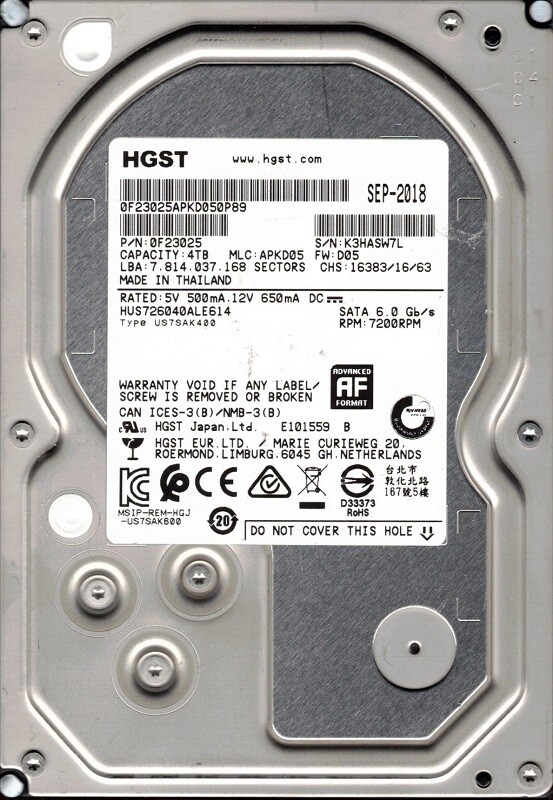 HUS726040ALE614 P/N: 0F23025 MLC: APKD05 Thailand 4TB HGST