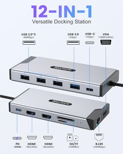 HORTORE USB C HUB, 12-IN-1 DOCKING STATION DUAL MONITOR WITH 2 HDMI, -  SILVER
