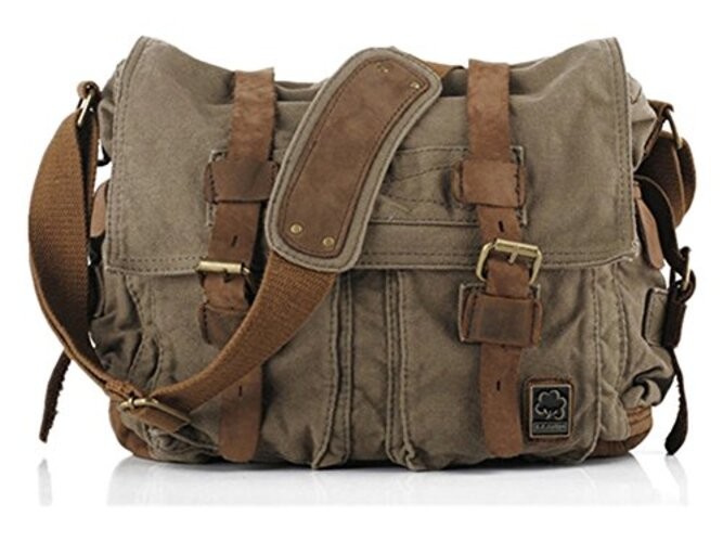Vintage Military Leather Canvas Laptop Bag Messenger small--13‘’ Army Green