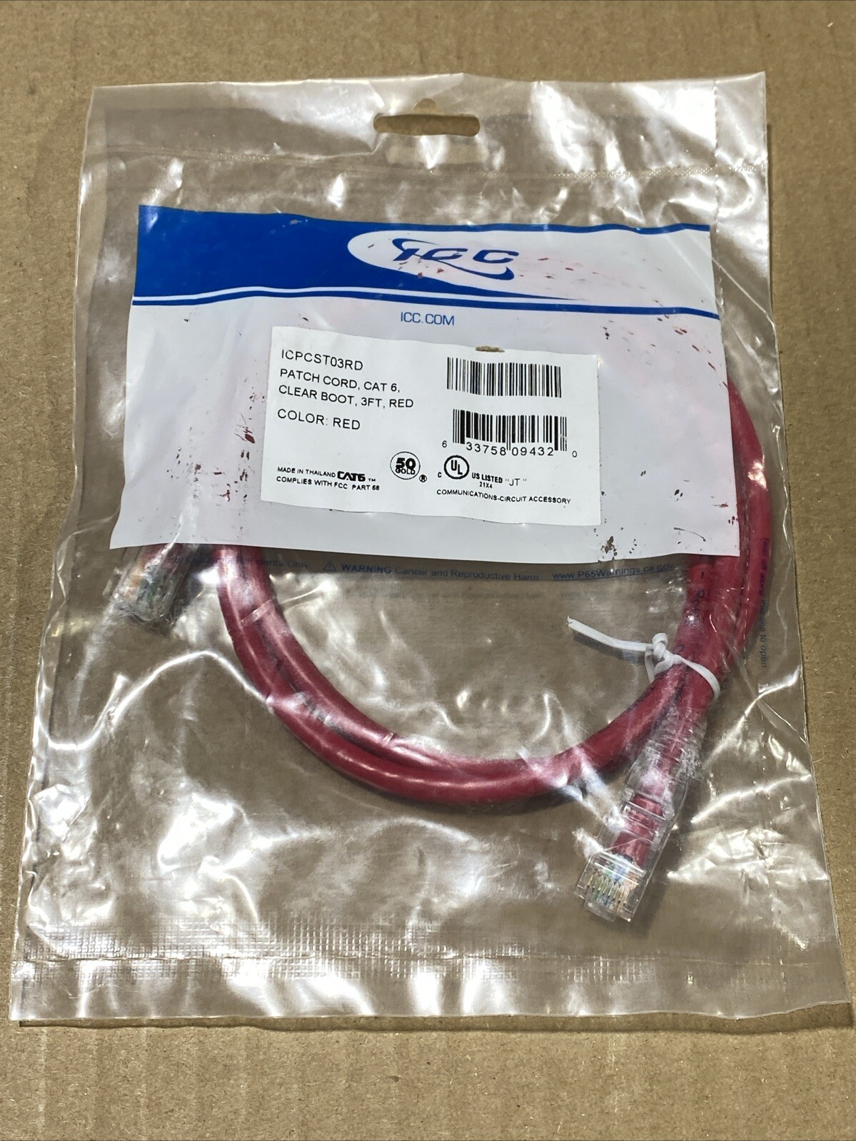 ICC ICPCST03RD CAT6 Clear Boot Patch Cord - 3 ft Red New