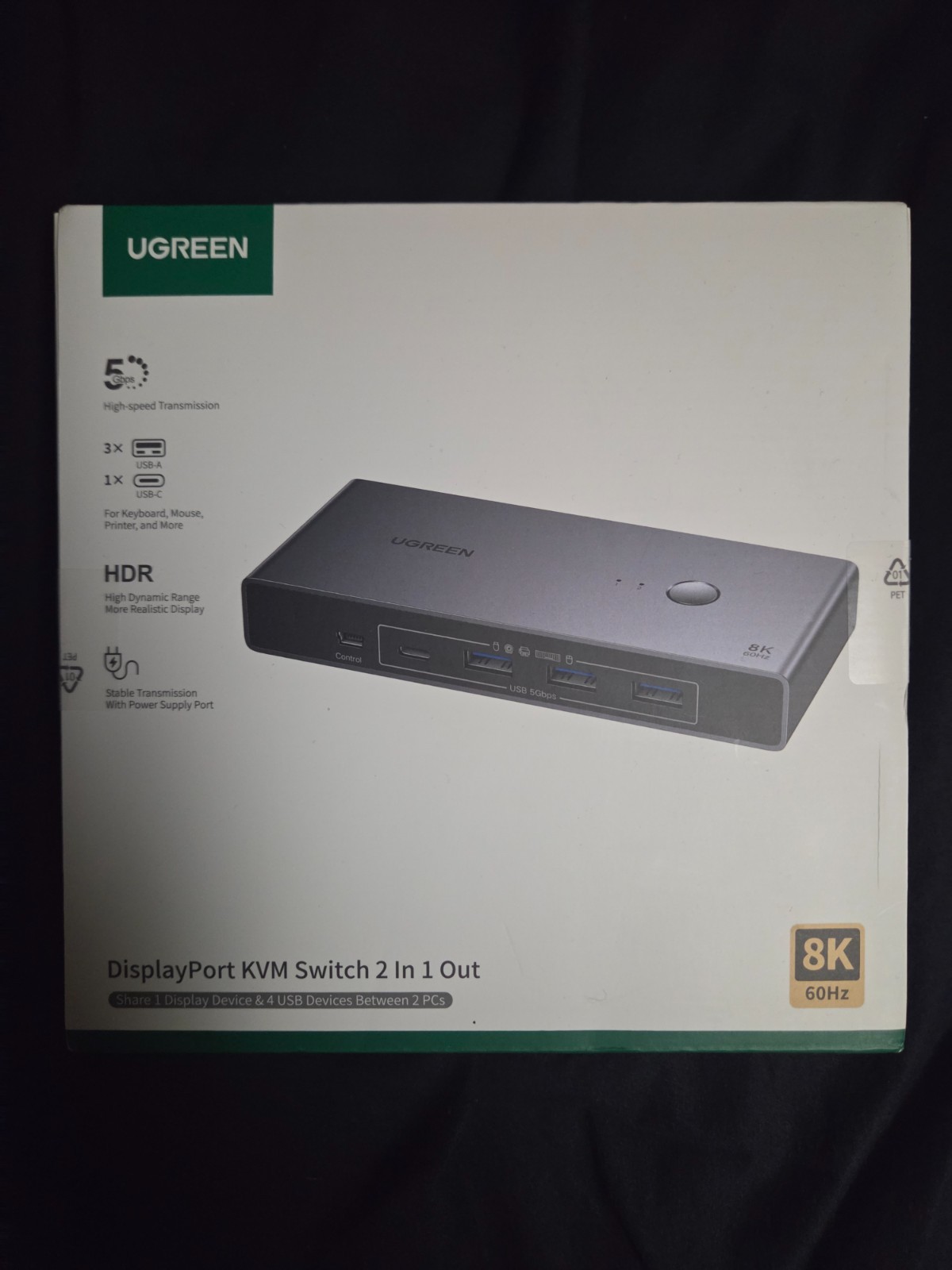 UGREEN Displayport KVM Switch 2 in 1 Out, 8K@60Hz, Aluminum, 4 USB3.0 Ports