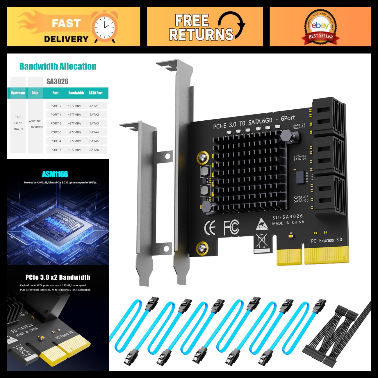 6 Port PCIe SATA Expansion Card, SATA III 6Gbps, ASM1166 Chipset, High-Speed Dat