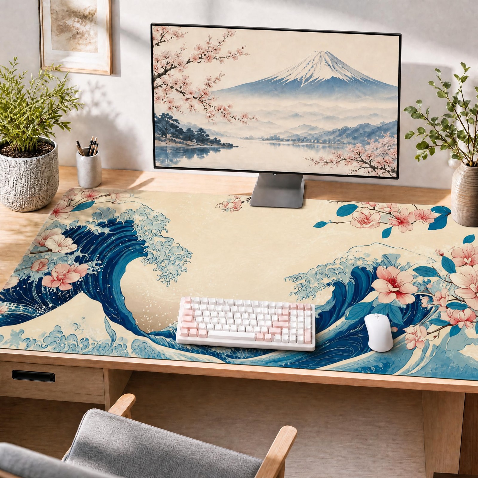 Cherry Blossom Japanese Wave XXL Gaming Mouse Pad 48"x24",Extended Desk Mat