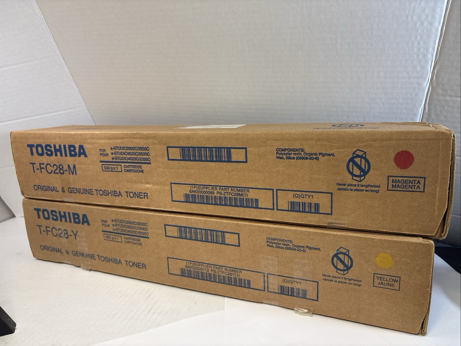 2 Brand New Genuine Toshiba T-FC28-Y, T-FC28-M Toner Cartridges Magenta Yellow