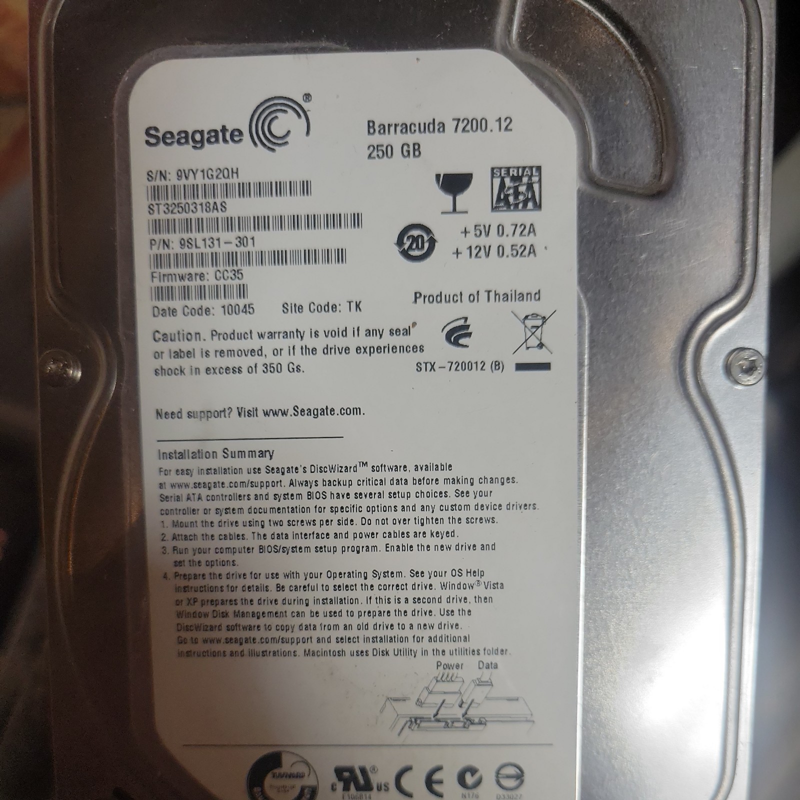 Seagate ST3250820AS 250GB 7.2K 3.5" SATA HDD – Enterprise Server Hard Drive