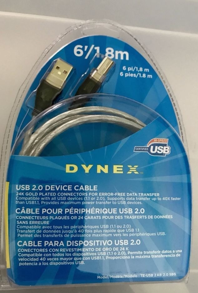 Dynex 6/1.8m USB 2.0 Device Cable Male To Male High Speed Connector