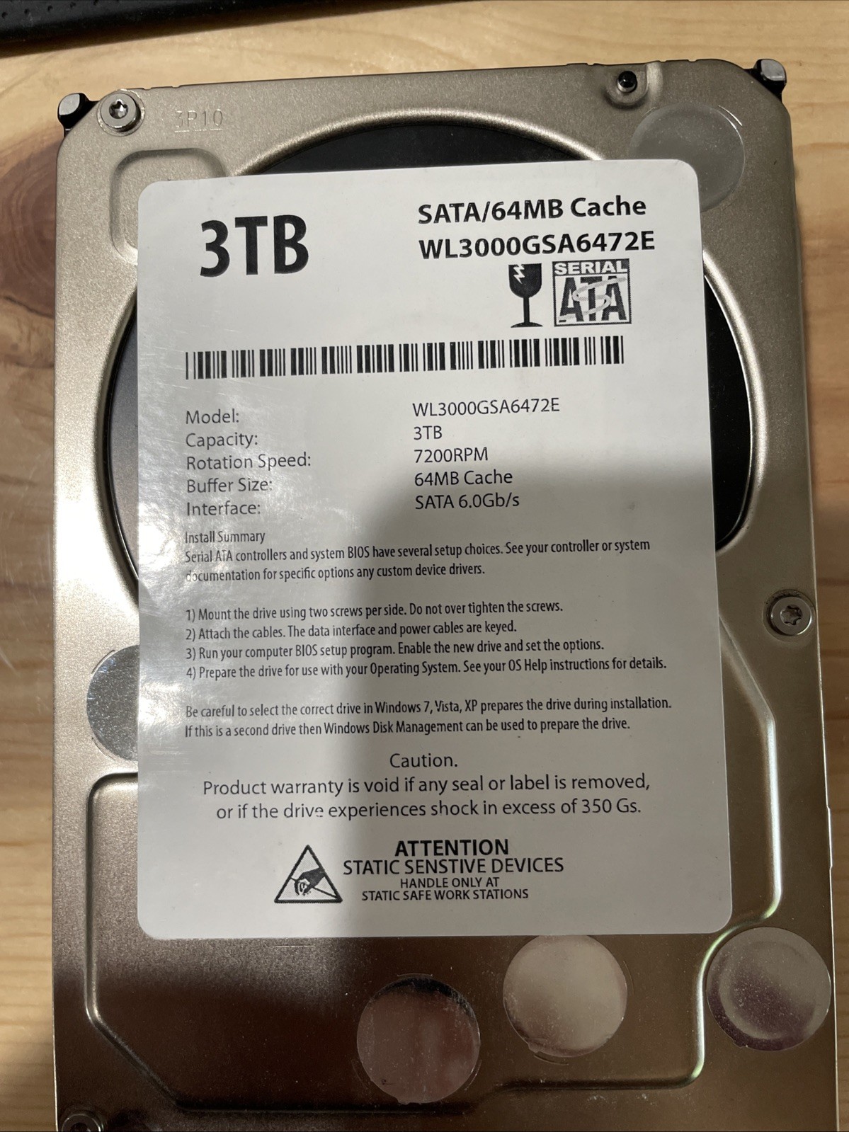 WL 3TB 64MB Cache 7200RPM SATA 6.0Gb/s 3.5" Internal Hard Drive - FOR PARTS ONLY