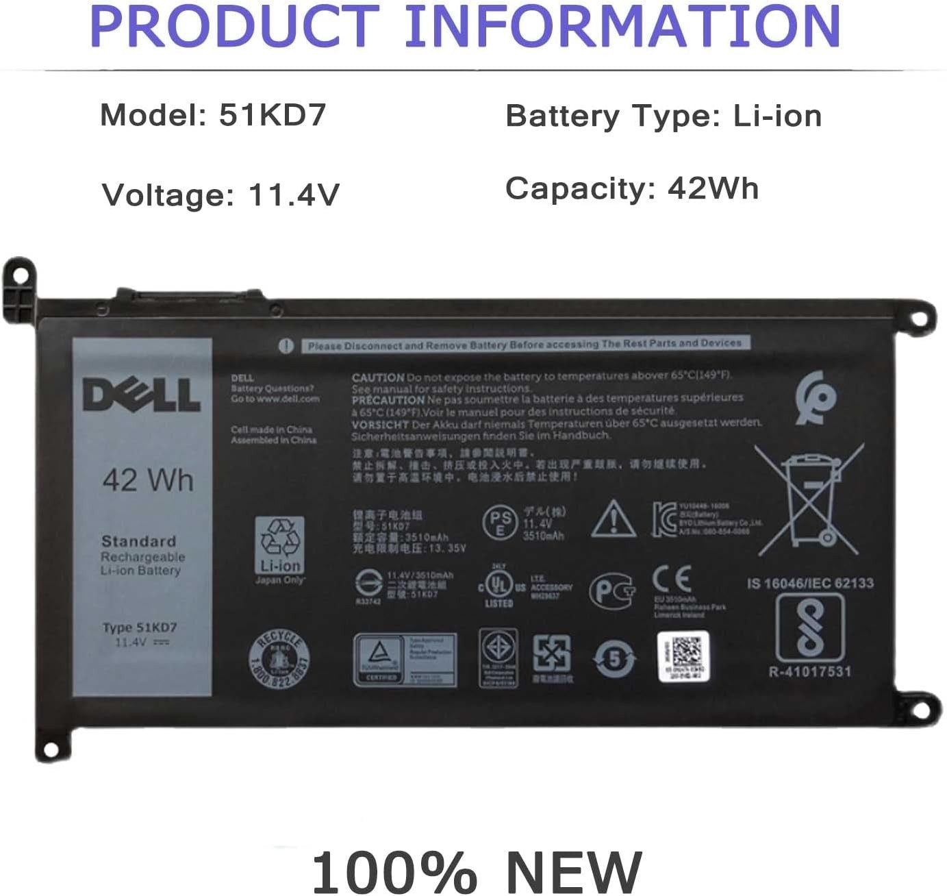 OEM Genuine 51KD7 Battery 42Wh For Dell Chromebook 11 3181/5190 2-in-1 3189 5190
