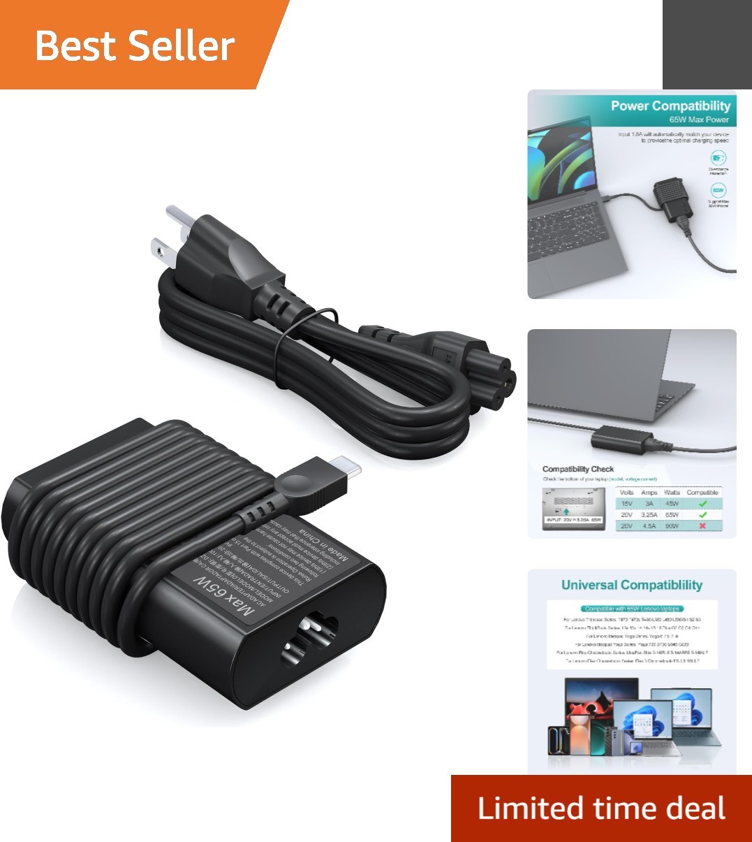 65W USB-C Fast Charger for ThinkPad & Chromebook - Compact & Reliable Power