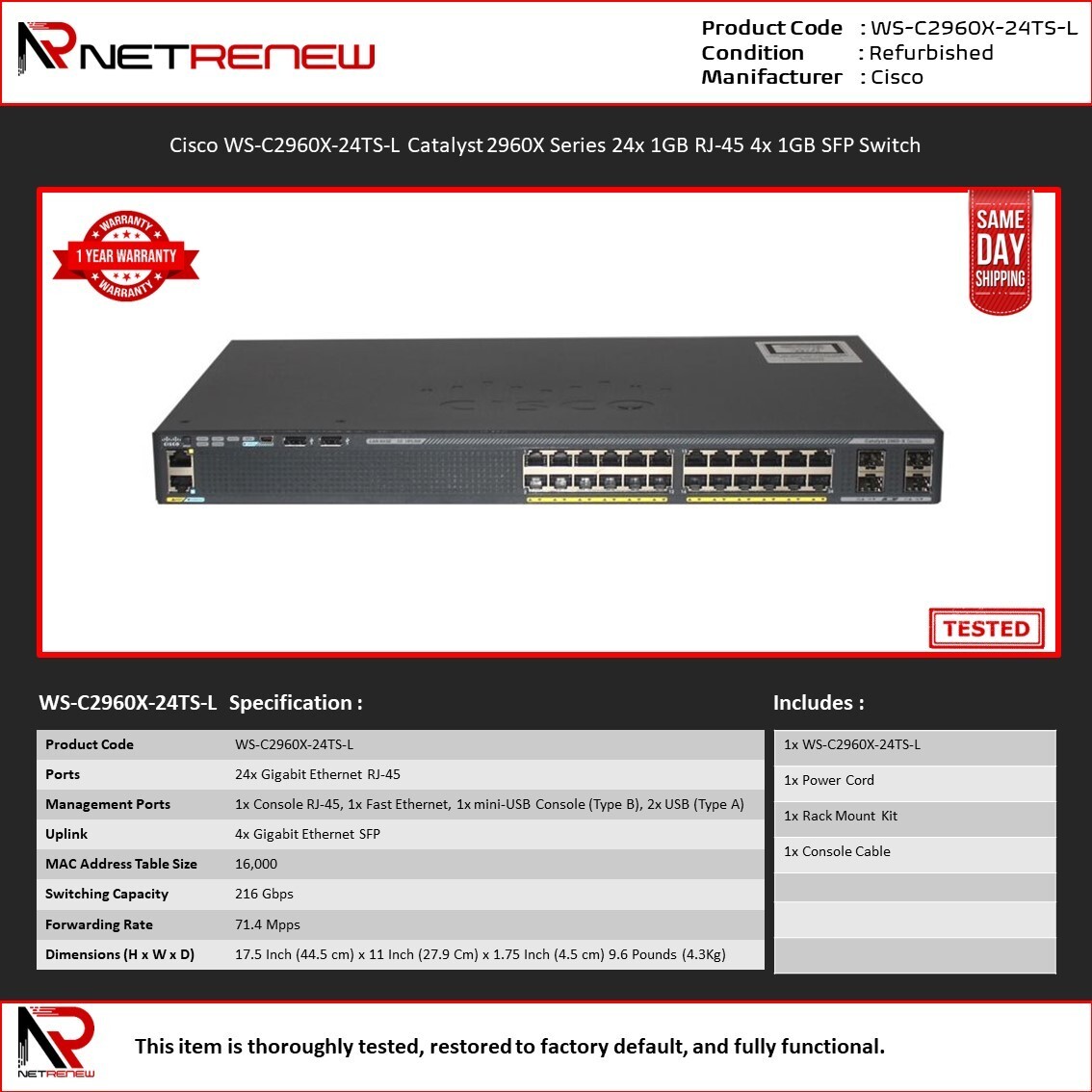 Cisco WS-C2960X-24TS-L Catalyst 2960X Series 24x 1GB RJ-45 4x 1GB SFP Switch