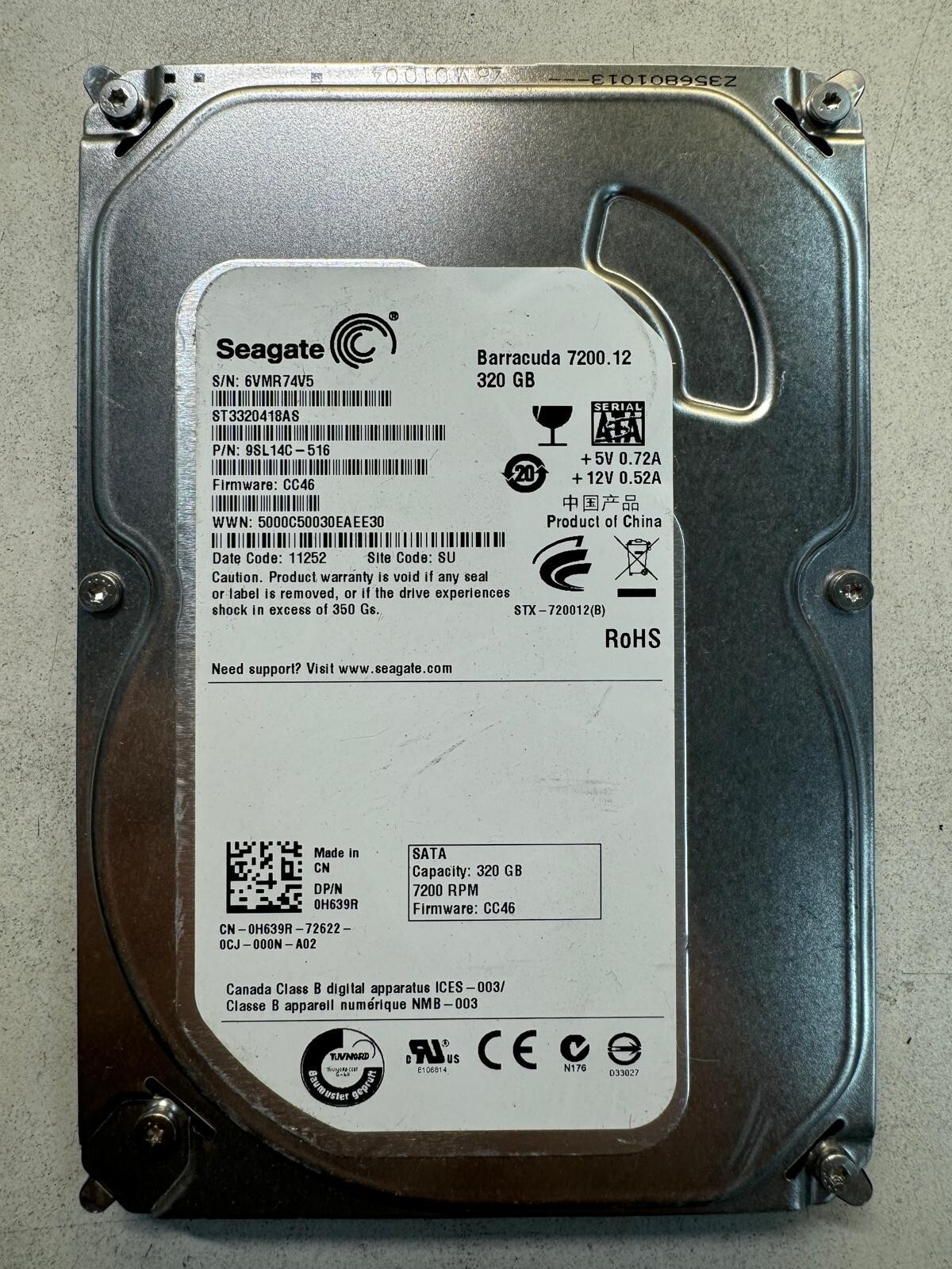 DELL H639R ST3320418AS 9SL14C-516 320GB Firmware CC46 Code 11252 SATA 3.5" HDD
