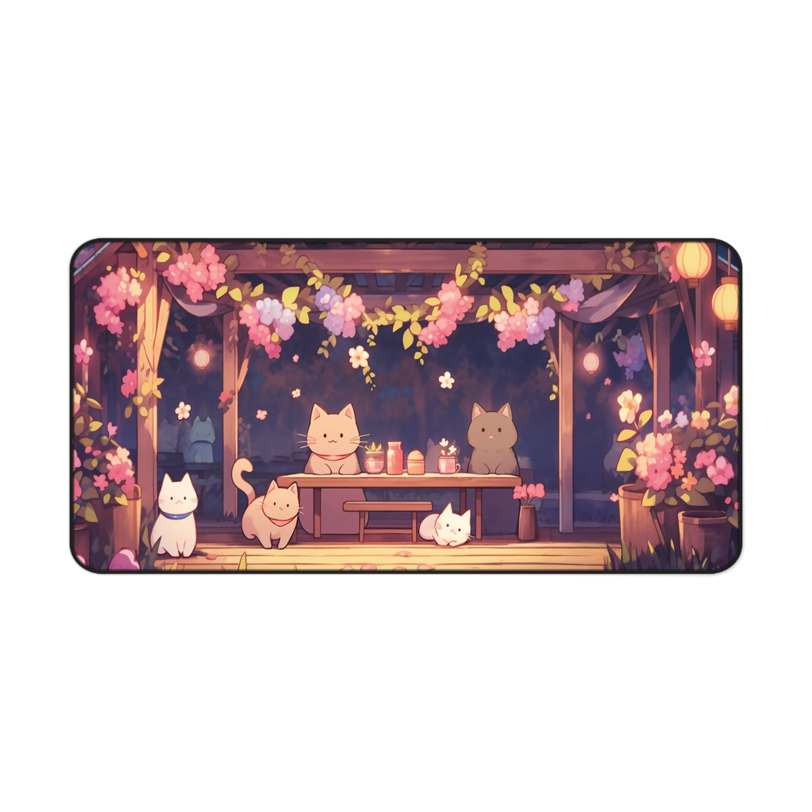 Kawaii Night Party Desk Mat Large Mouse Pad Cat Floral Gaming Decor Cute