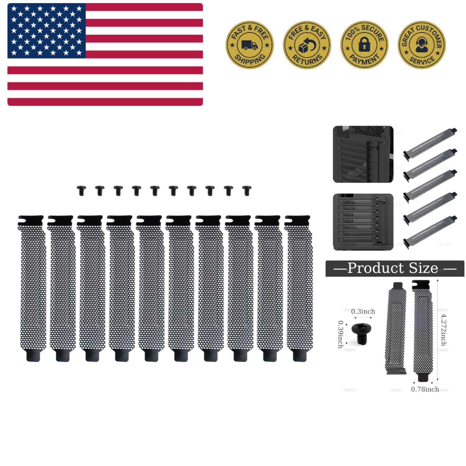 10 Pack Black PCI Slot Cover Hard Steel Filter Blanking Plate with Screws