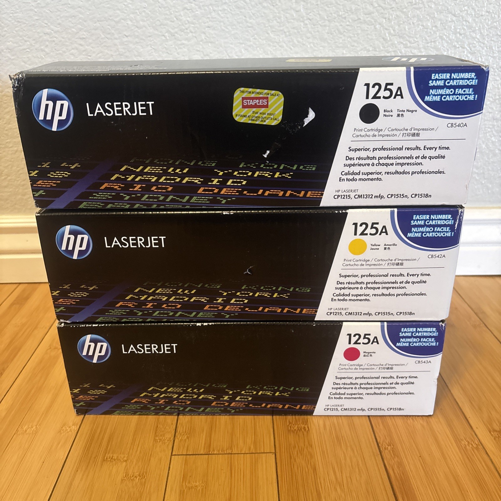 SET OF 3 GENUINE HP 125A TONER BLACK MAGENTA YELLOW CB540A CB542A CB543A