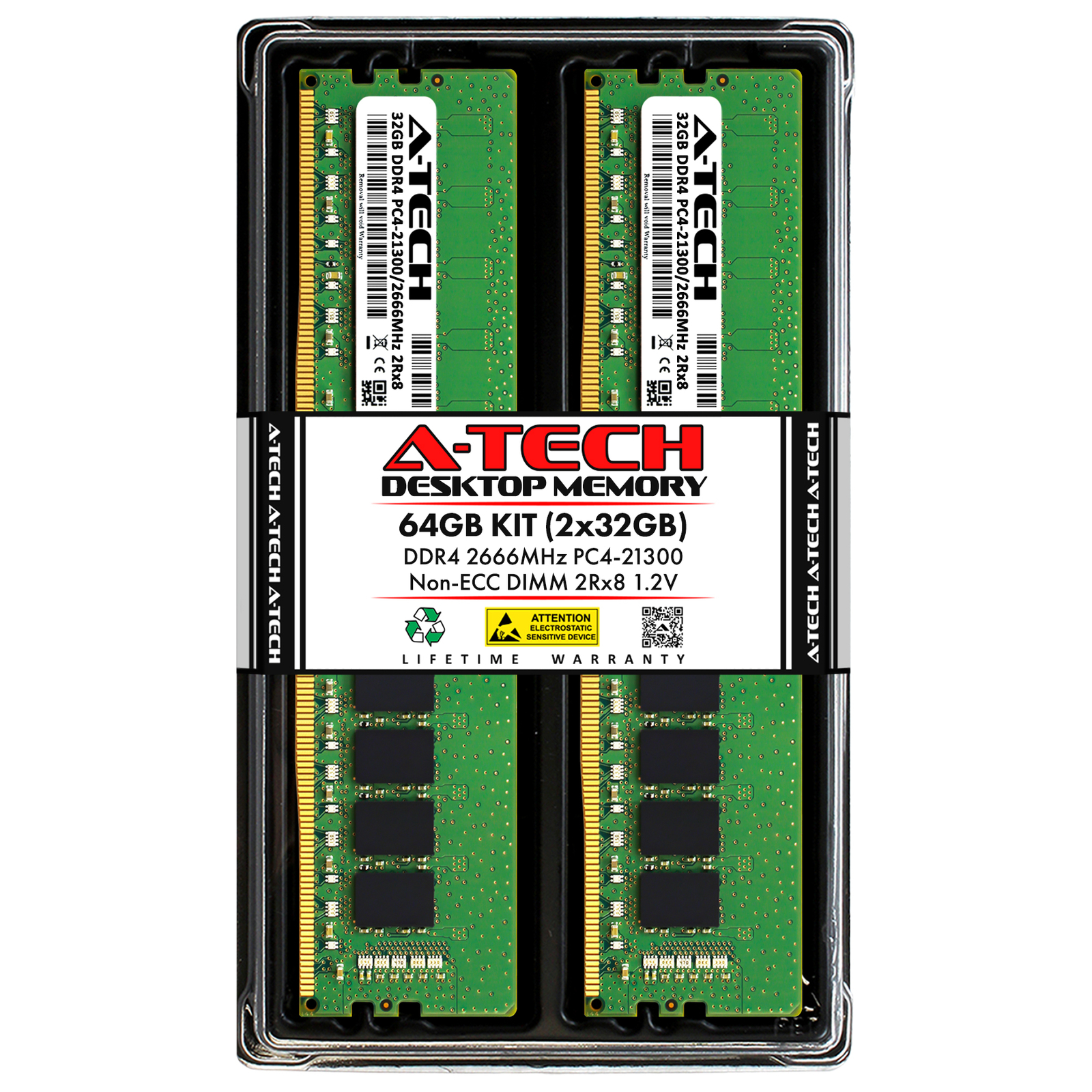 A-Tech 64GB 2x 32GB PC4-21300 Desktop DDR4 2666 Non-ECC DIMM 288-Pin Memory RAM