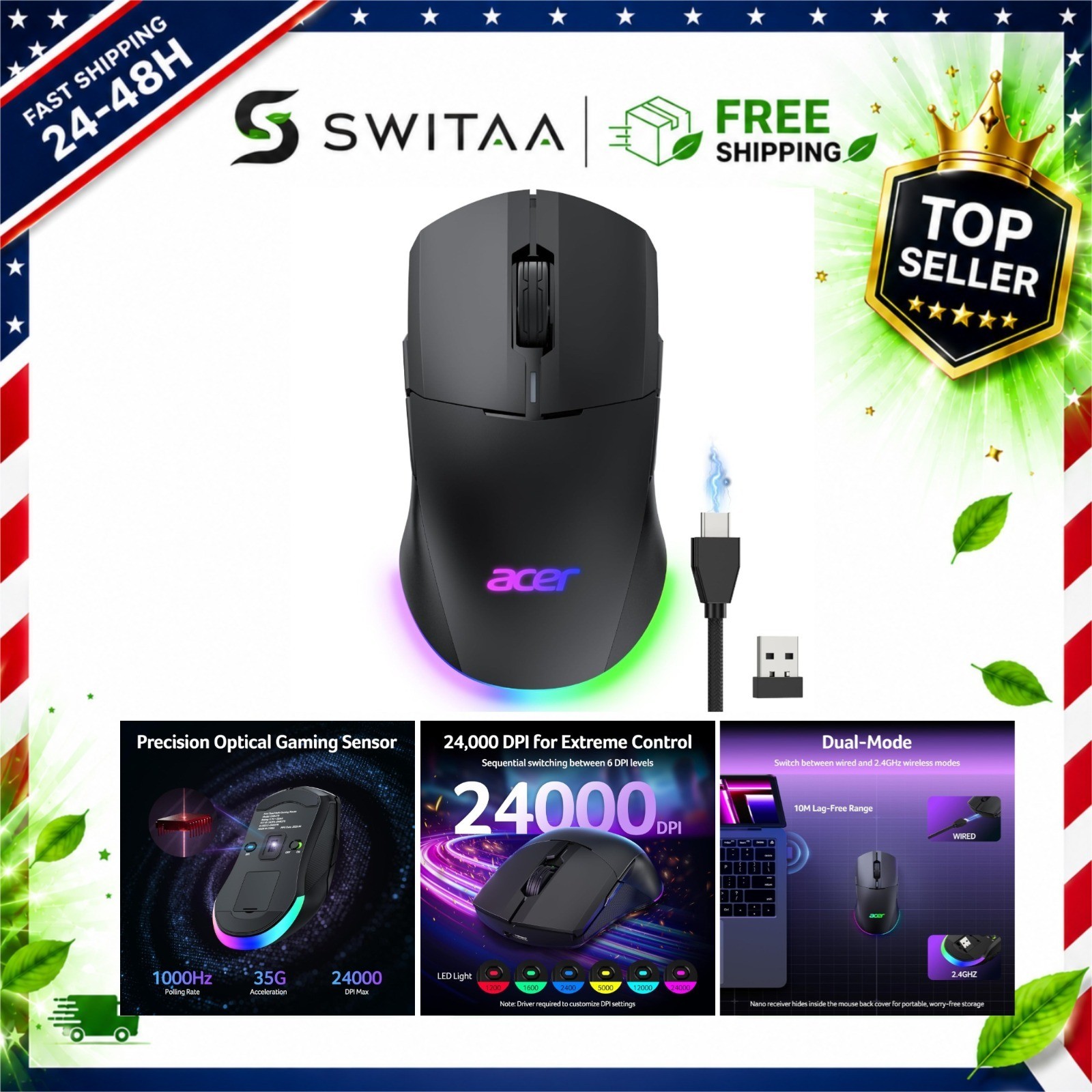 Acer OMR279 Dual-Mode 2.4GHz Wireless & Wired Gaming Mouse 24000 DPI RGB 8