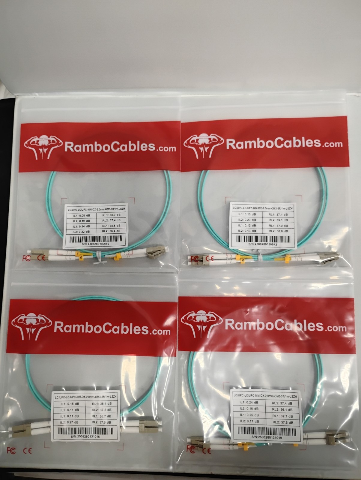 4pcs Rambo Cables OM3 Multimode LC to LC Fiber Patch Cable MM 3ft Fiber Optic