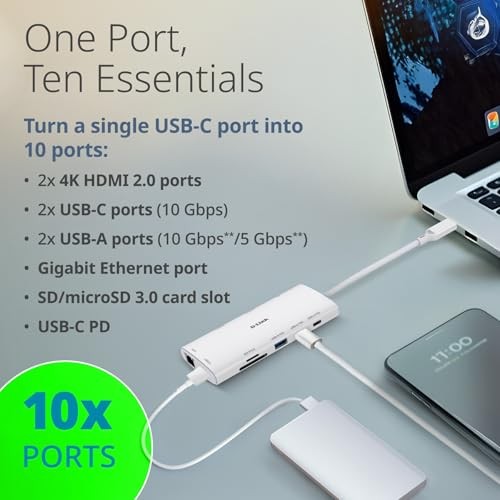 D-LINK 10-IN-1 USB-C HUB, MAX 100W POWER DELIVERY, DUAL 4K HDMI PORTS, 2 -
