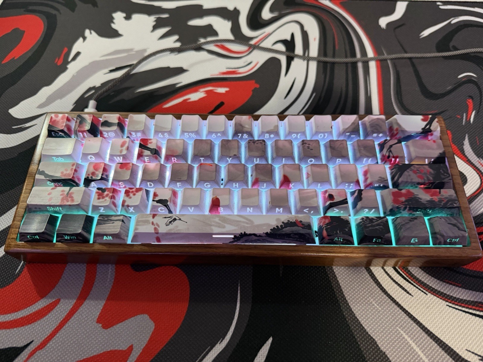 LOHA Custom Walnut Wood Mechanical Keyboard Japanese Cherry Blossom Keycaps RGB