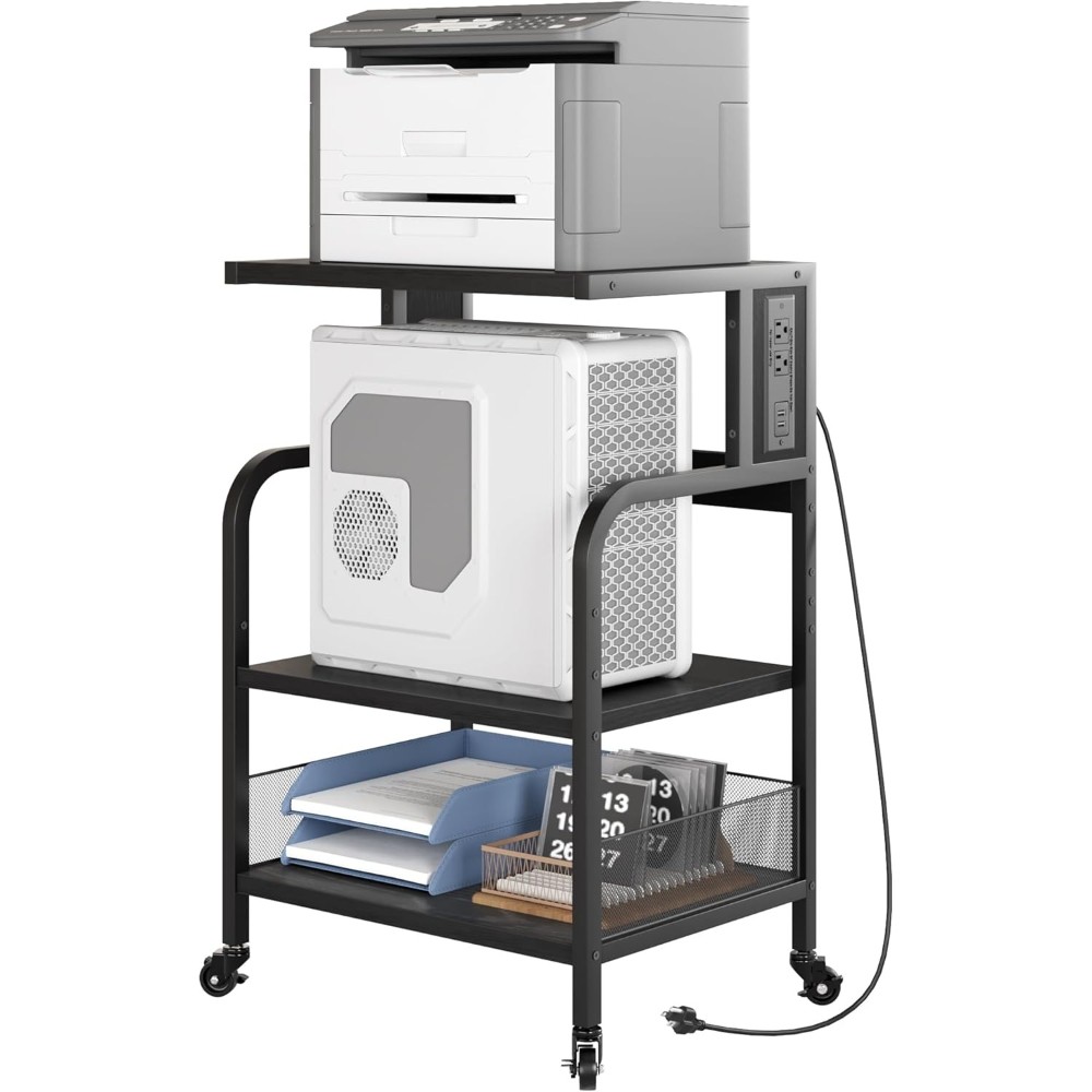 3-Tier Rolling Printer Stand with Power & Lock, Industrial Mobile Office Cart