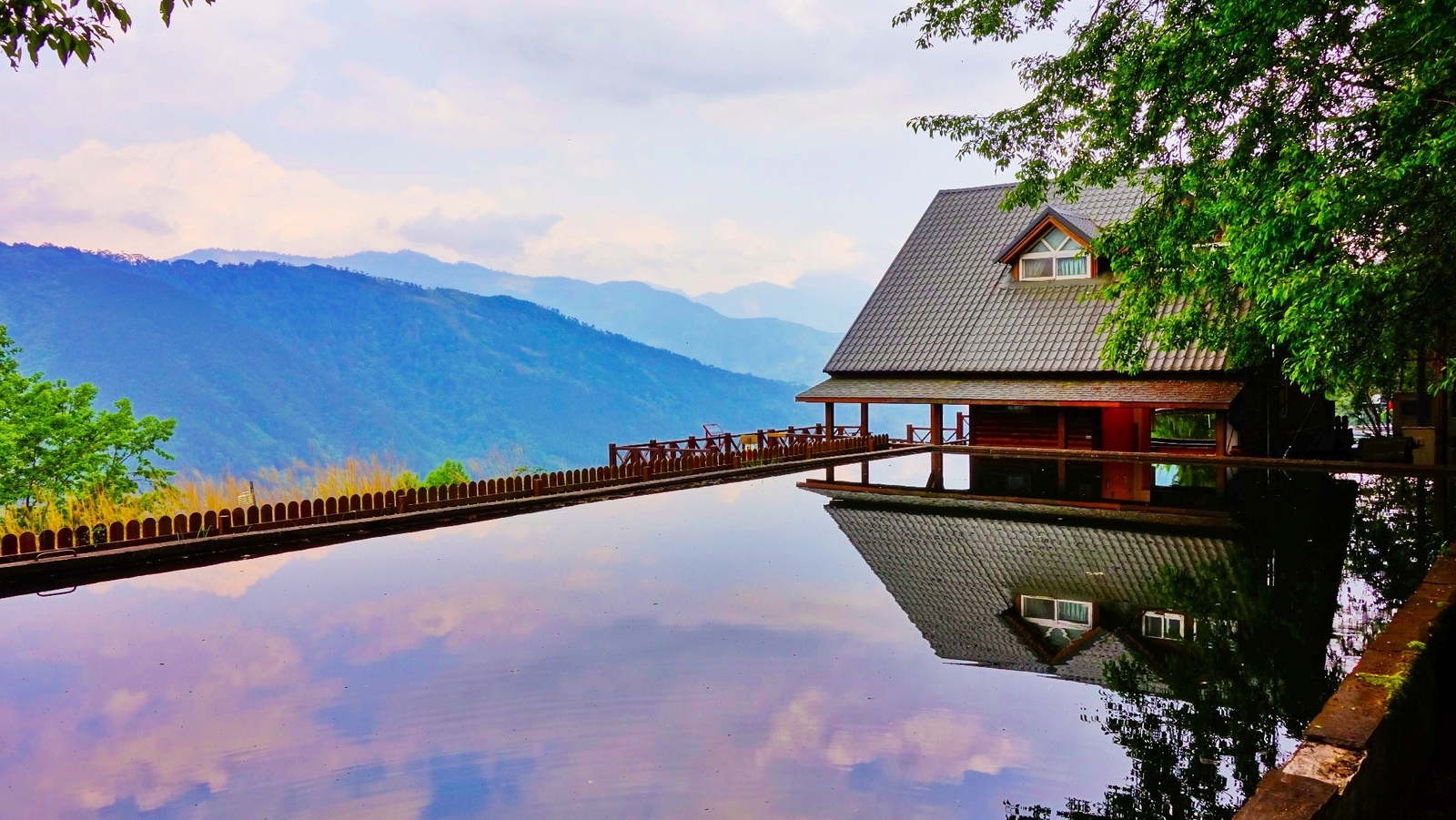 Landscape photography water reflection house fence Custom Gaming Mat Desk