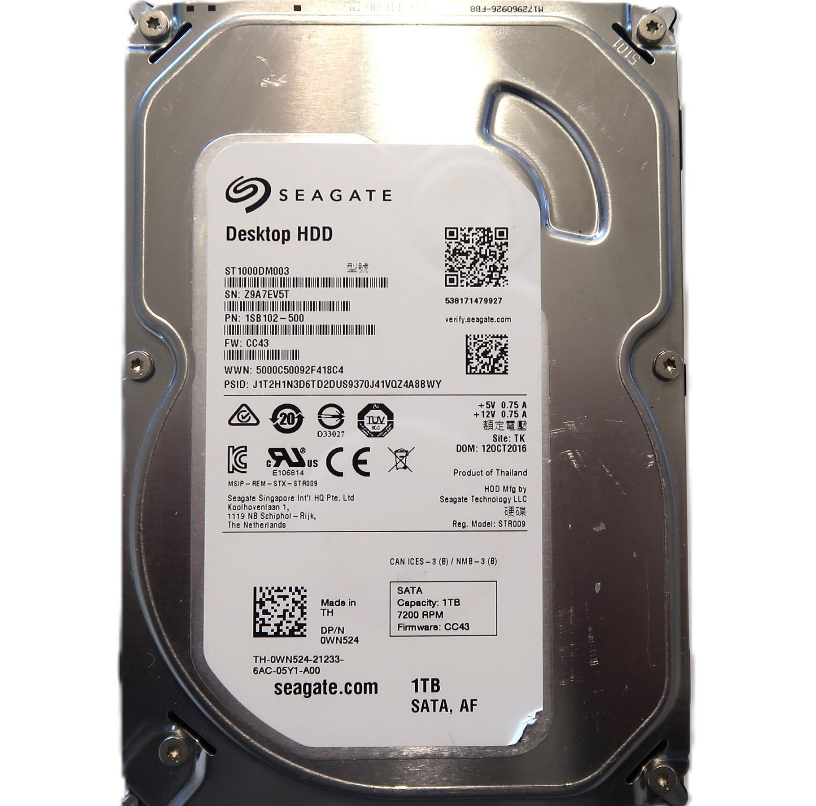 Seagate ST1000DM003 1SB102-500 CC43 (Z9A) TK Thailand 1TB 3.5" Sata HDD OCT/2016