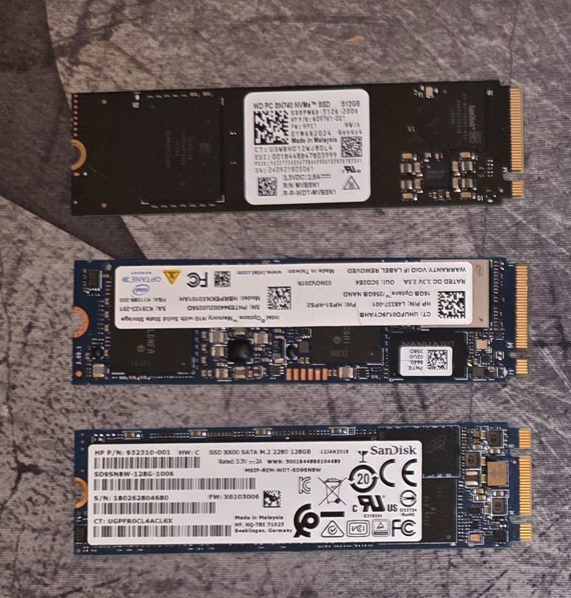 Lot of 3 M.2 SSD: WD SN740 512GB NVMe, Intel Optane H10 256GB, SanDisk 128GB