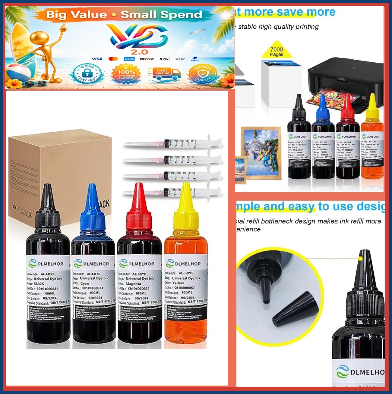 Universal Dye Ink Refill Kit 400ml 4 x 100ml Black Cyan Magenta Yellow with