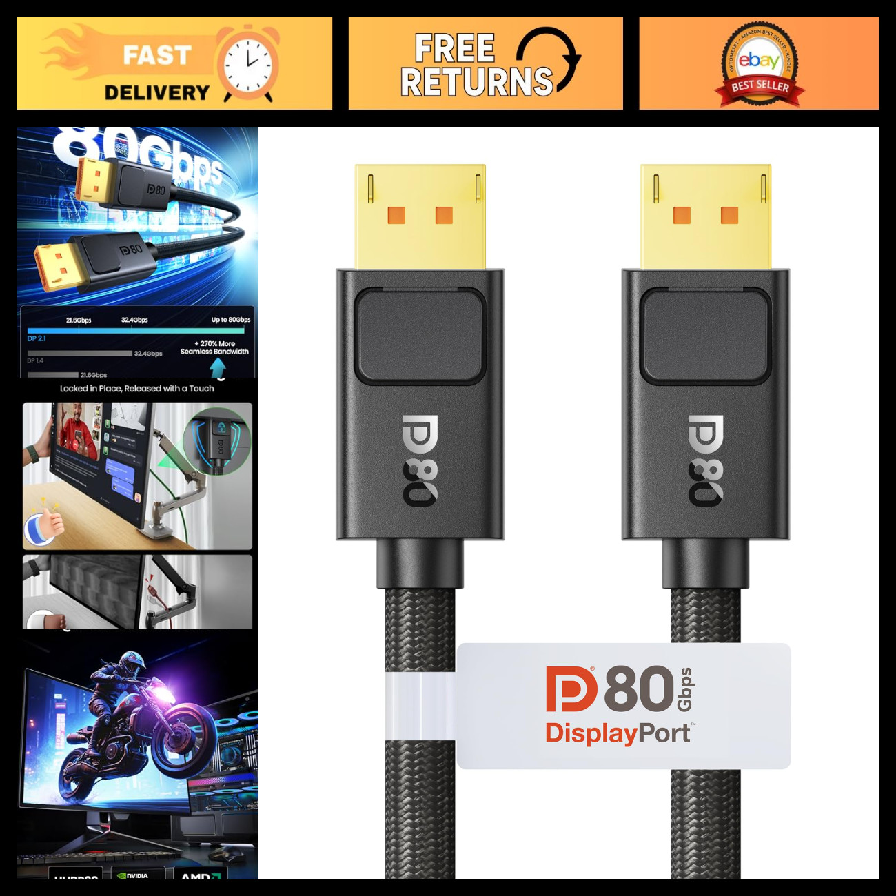 80Gbps VESA Certified DisplayPort 2.1 Cable, 6.6FT, Secure Latch, High-Speed