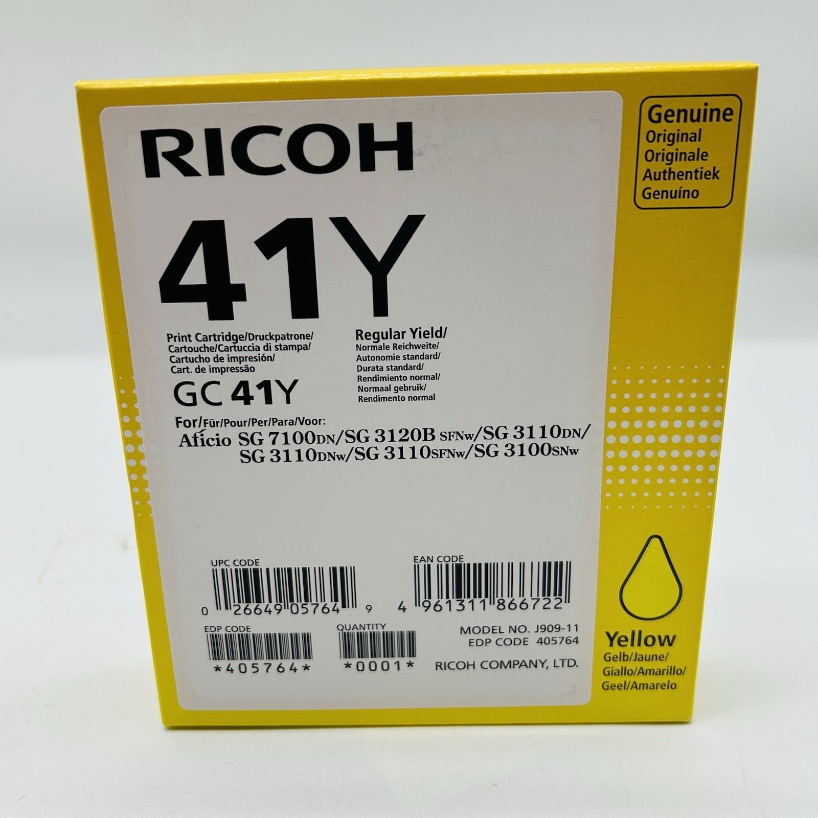 Ricoh 405764 Yellow Ink Print Cartridge Type GC 41Y Genuine Exp 03/2024